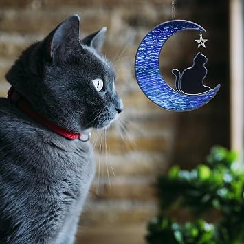Stained Glass Window Hangings, Cat on Moon Suncatcher, Pet Memorial Gifts