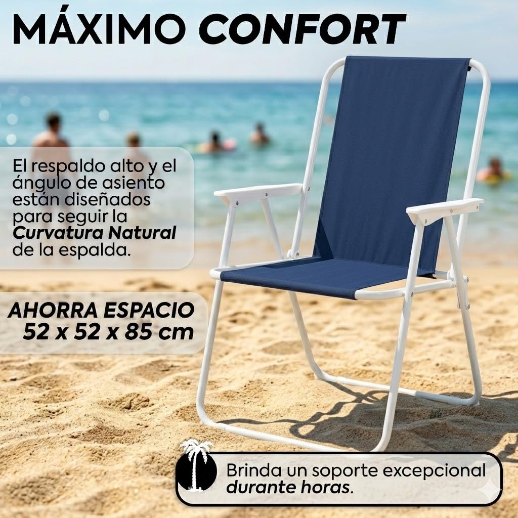 Nordiq - Silla para Playa y Camping - Pack de 2 - Plegables de Acero Reforzado Respaldo Alto Transpirable, Estructura Portátil para Pesca Playa y Jardín Peso Máximo Soportado 110 kg Azul/Blanco