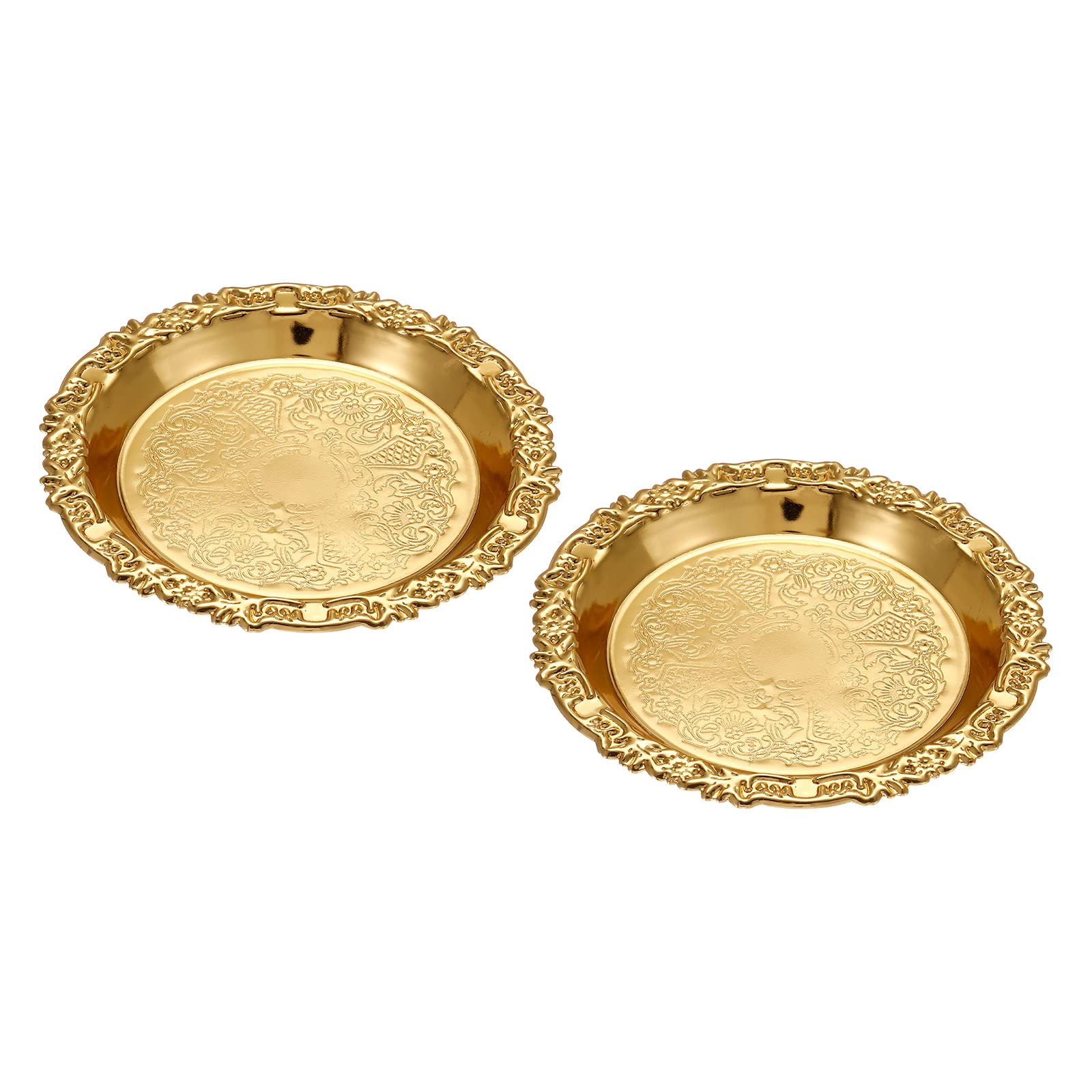 PATIKIL 3.9 Inch Vintage Trinket Tray, 2 Pack Metal Round Small Objects Storage Holder Dish Plate with Floral Edging for Perfume Candle, Gold Tone