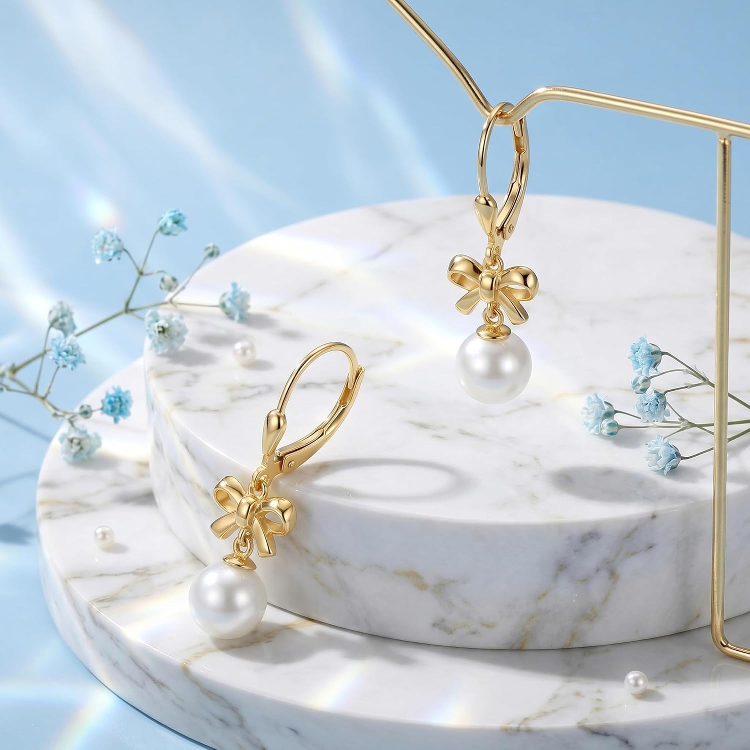 925 Sterling Silver Bow Pearl Drop Earrings for Women, Hypoallergenic Leverback Dangle Earrings, Elegant Lightweight Jewelry for Wedding Bridal Birthday Gift