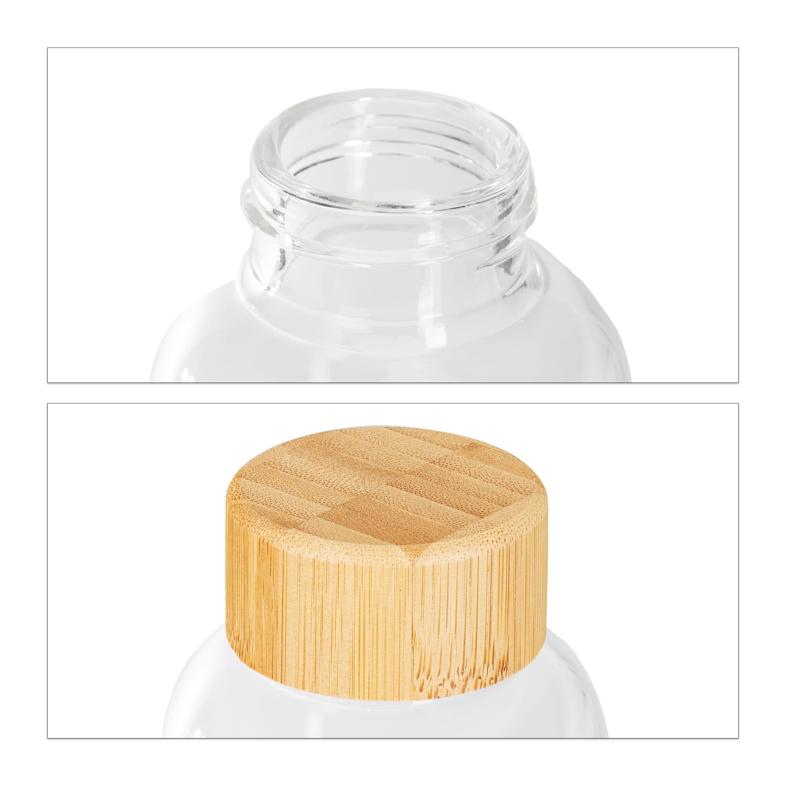 Relaxdays Gourde en Verre, Lot de 6, 500 ML, Bouteille, Bouchon Bambou, Housse, Verre Borosilicate, Transparent/Noir