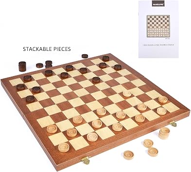 VAMSLOVE 15inch Checkers Folding Wooden Game Set, 100 Square Checkerboard International Checkers Draughts Board 10x10 for Kids with Pieces Storage Slots (Instructions Included)