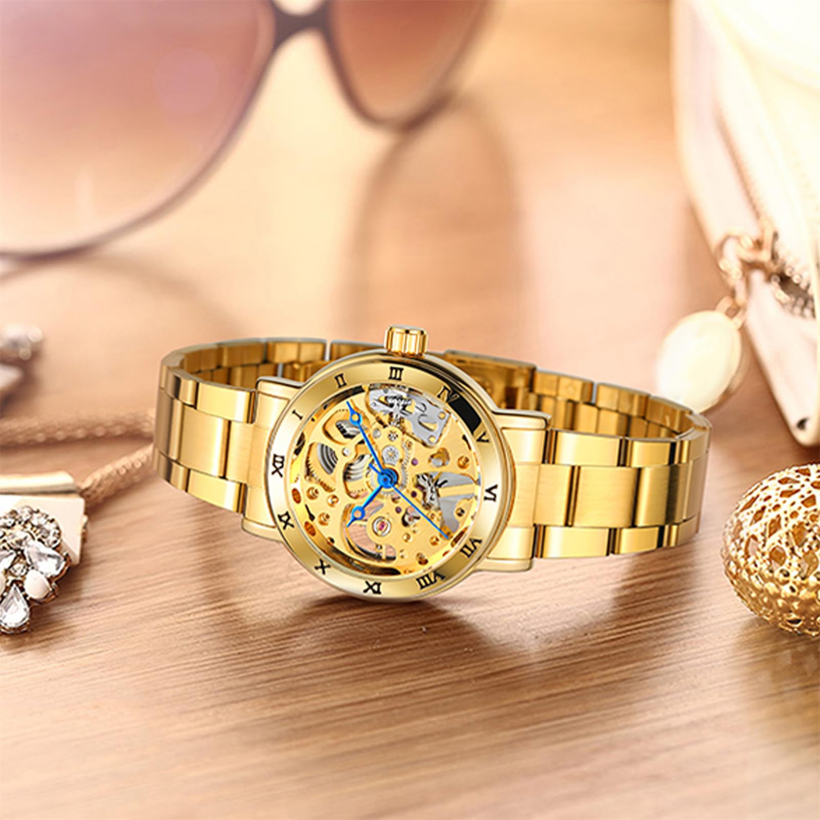 FORSINING Orologio automatico da donna con scheletro meccanico alla moda, cinturino in acciaio inox, quadrante con numeri romani, orologi da donna di lusso