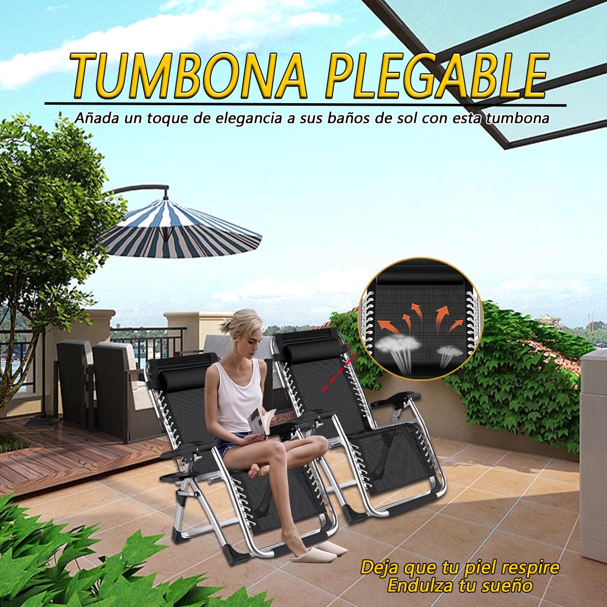 Tumbona Plegable Interior, Tumbonas Jardin Exterior Acolchada Pack de 2 Silla Gravedad Cero Reclinable Camping con Soporte para Bebidas Carga MáXima 200kg (Cojín Negro)