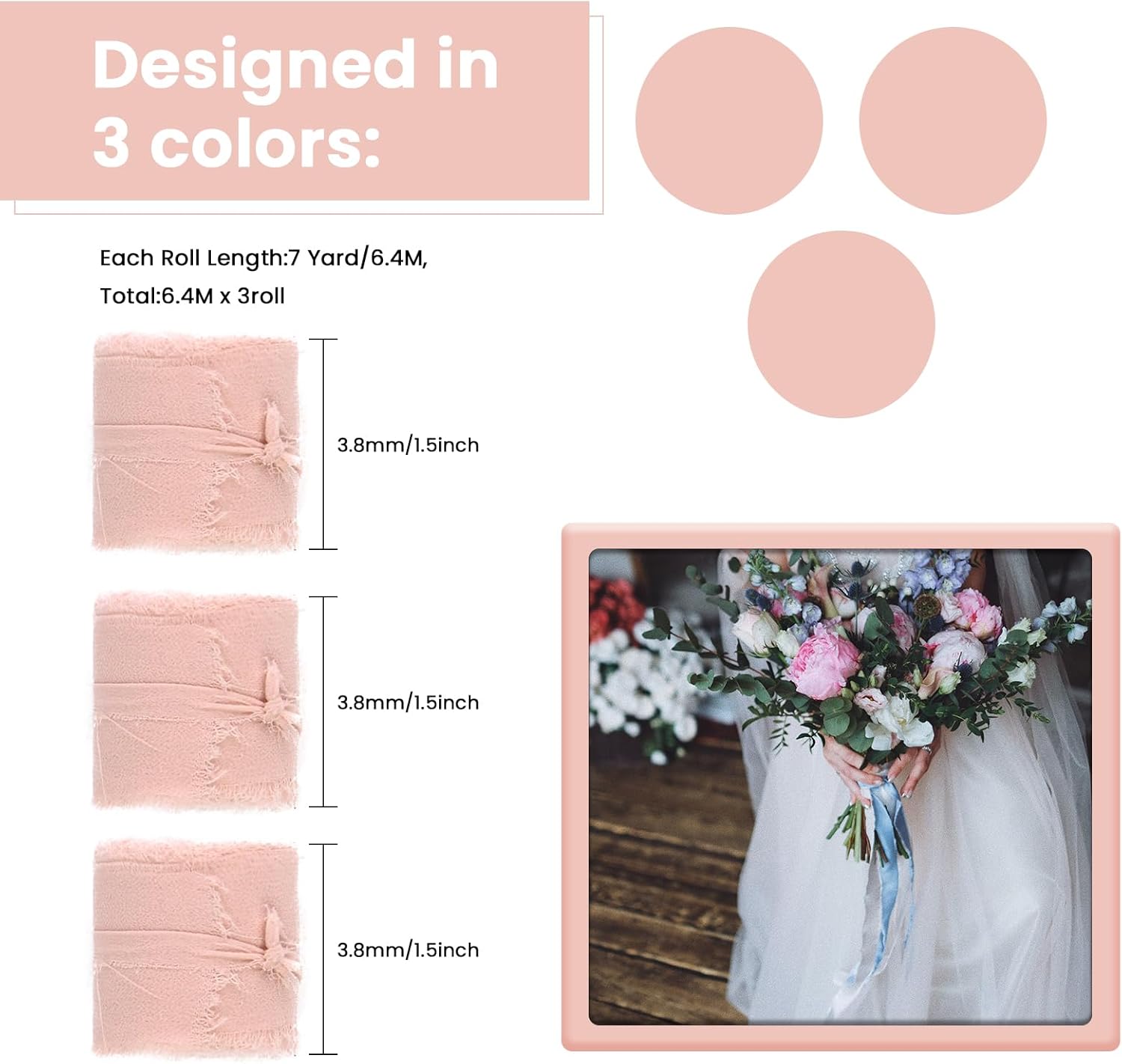19.2 m Chiffon Ribbon, 3 Rolls Decorative Ribbon, Wide 3.8 cm x 6.4 m, Tulle Satin Ribbon, for Gift Packages for Weddings, Decorations, Invitations, Gift Packages and DIY (Candy Pink)