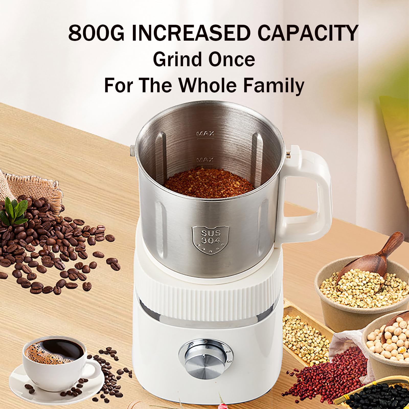 Macchina da caffè per Macinazione A Secco E Ad Umido da 26.000 Giri/min, 800 G (Ciotola Rimovibile), 4 Macine in Acciaio Inossidabile/macinazione Silenziosa + Facile da Pulire,White