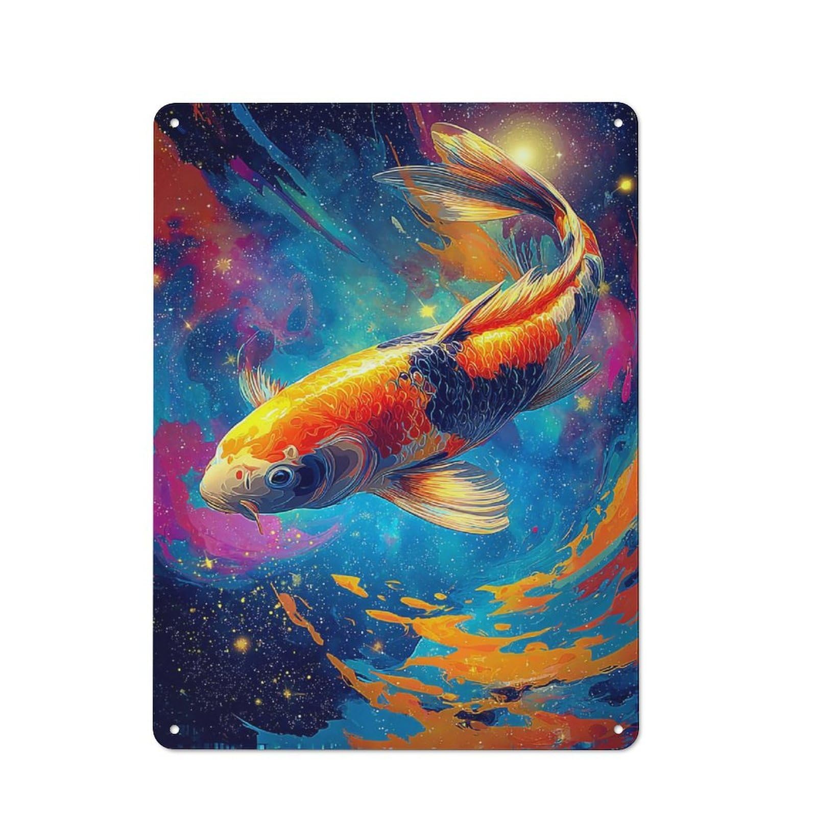 Junmoney Colorful Koi In Cosmic Waters Vintage Metal Plaque 40X30cm For Workshop Wall, For Kitchen And Home Bar Decor, For Home Office And Studio Walls
