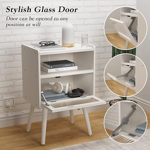 Miniatura 87 de Mesita de noche moderna de mediados de siglo con estación de carga, mesitas de noche con puerta de cristal, mesa auxiliar con espacio de Gris