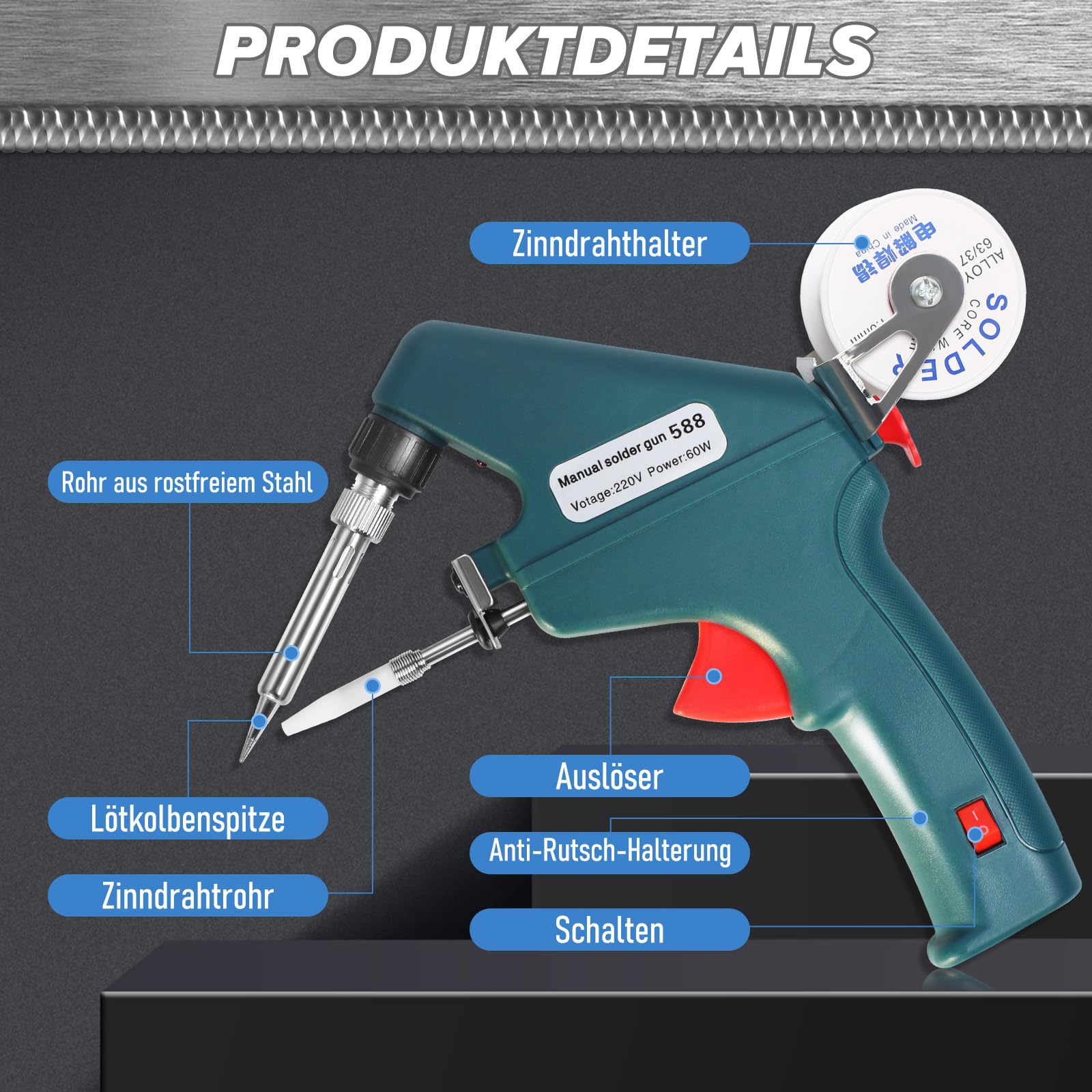 Lötkolben Set, 60W 220V Lötpistole, Lötpistole mit Schweißdraht, Schnelles Aufheizen, Einhandbedienung, zum Schweißen und Reparieren