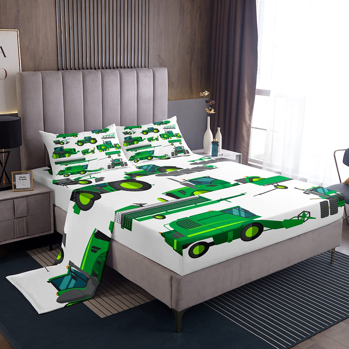 Equipment Trucks Bed Sheet Set Boys Excavators Bedding Sheets Kids Girls Green Vehicle Bedding Fitted Sheet Tractor Bed Cover With 1 Flat Sheet+1 Fitted Sheet+ 2 Pillowcase King