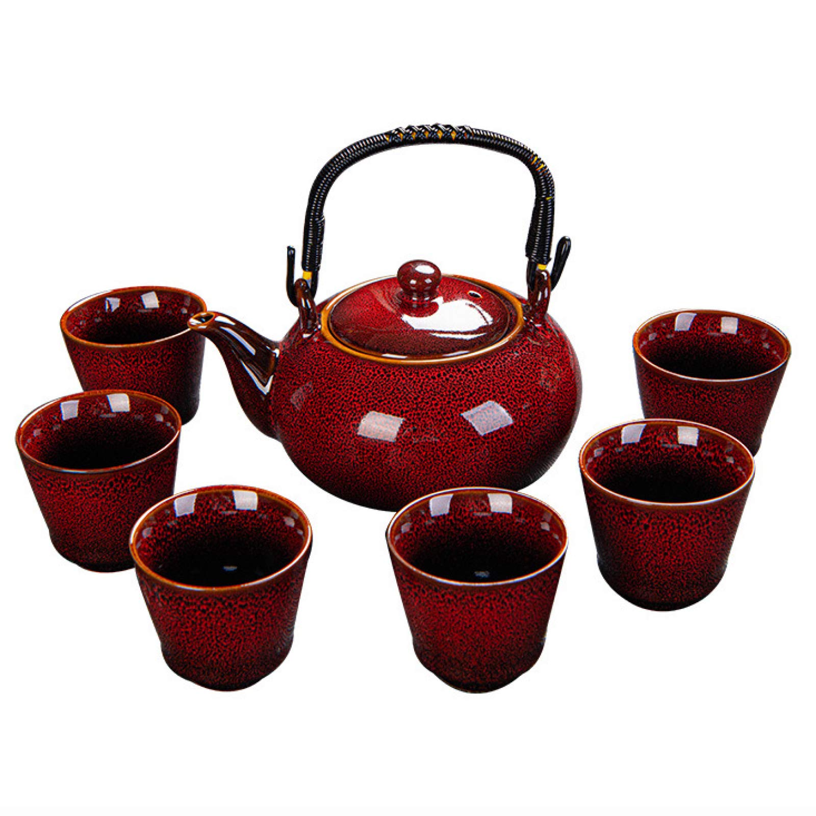 Théière en porcelaine chinoise émaillée rouge et tasses japonaises