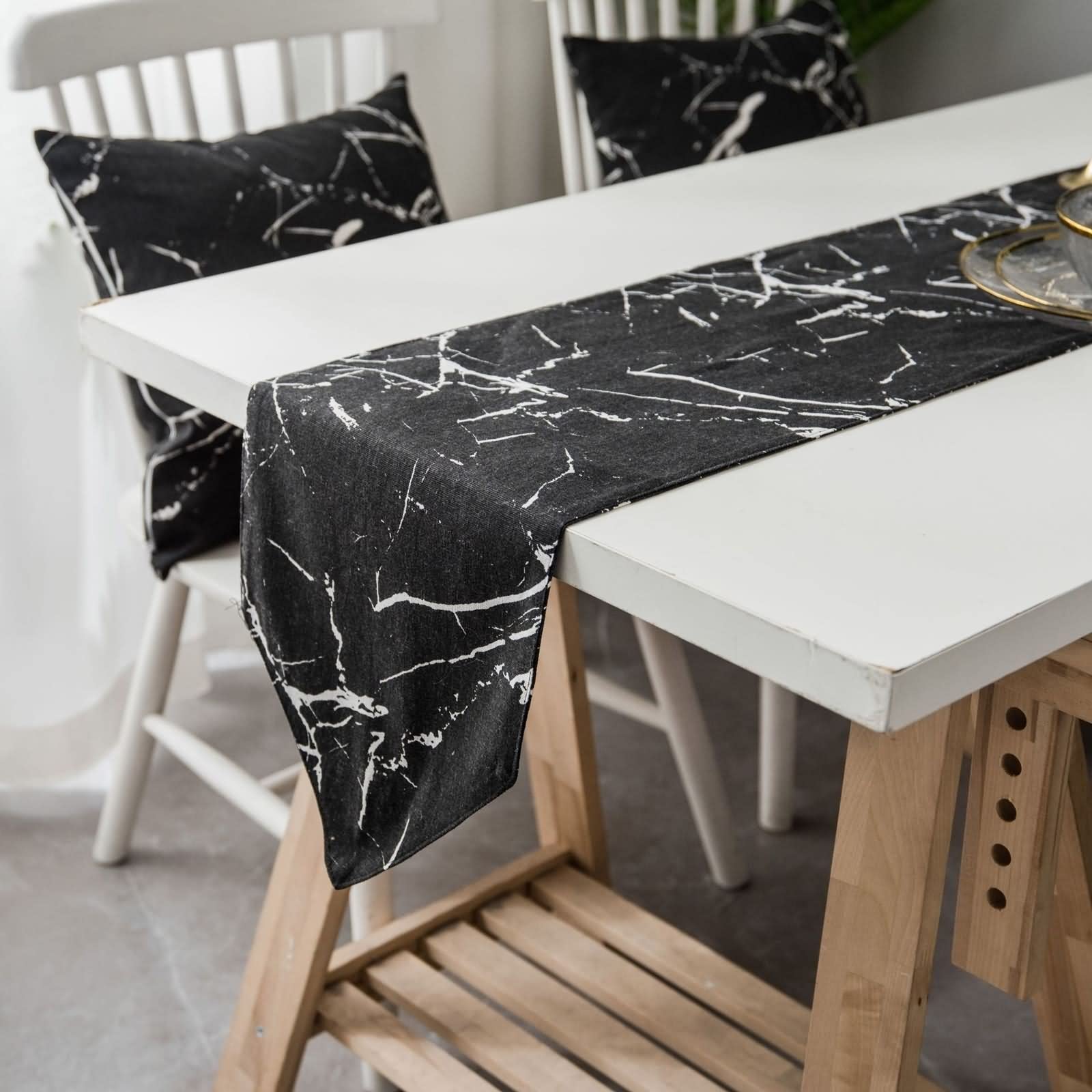 Camino de Mesa Navidad, Centros Decorativos de Mesa Comedor Patrón de Mármol Negro Sabana de Algodon 30x220CM