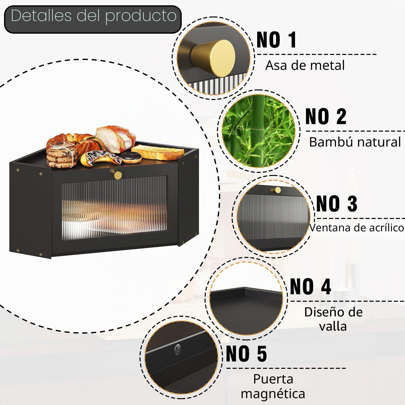 VEDECASA Panera de esquina para cocina de bambú con puerta acrílica transparente, cesta de pan negra para esquinas de cocina, gran fiambrera en diseño rústico, 32 x 32 x 20 cm