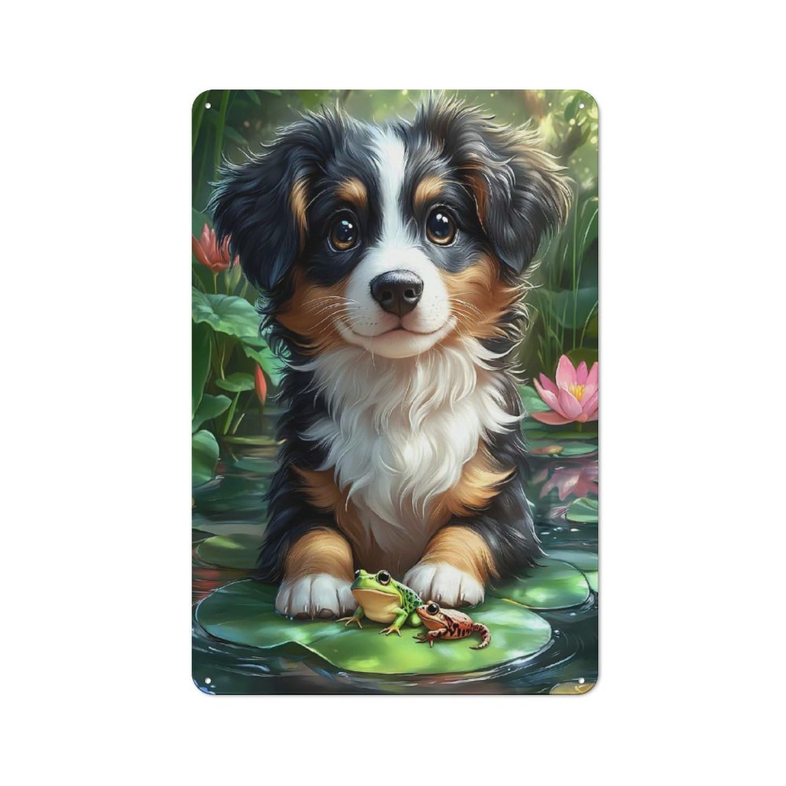 Metal Wall Sign 30x20cm Featuring Cute Puppy with Frogs in Pond for Café Or Home Bar, for Metal Sign Collectors, for Garage And Workshop Walls