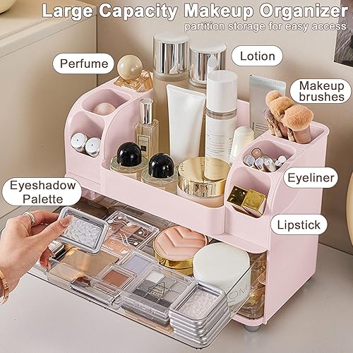 Miniatura 2 de DASITON Organizador de maquillaje de gran capacidad para tocador con 2 cajones, organizadores de cuidado de la piel con soporte para brochas de