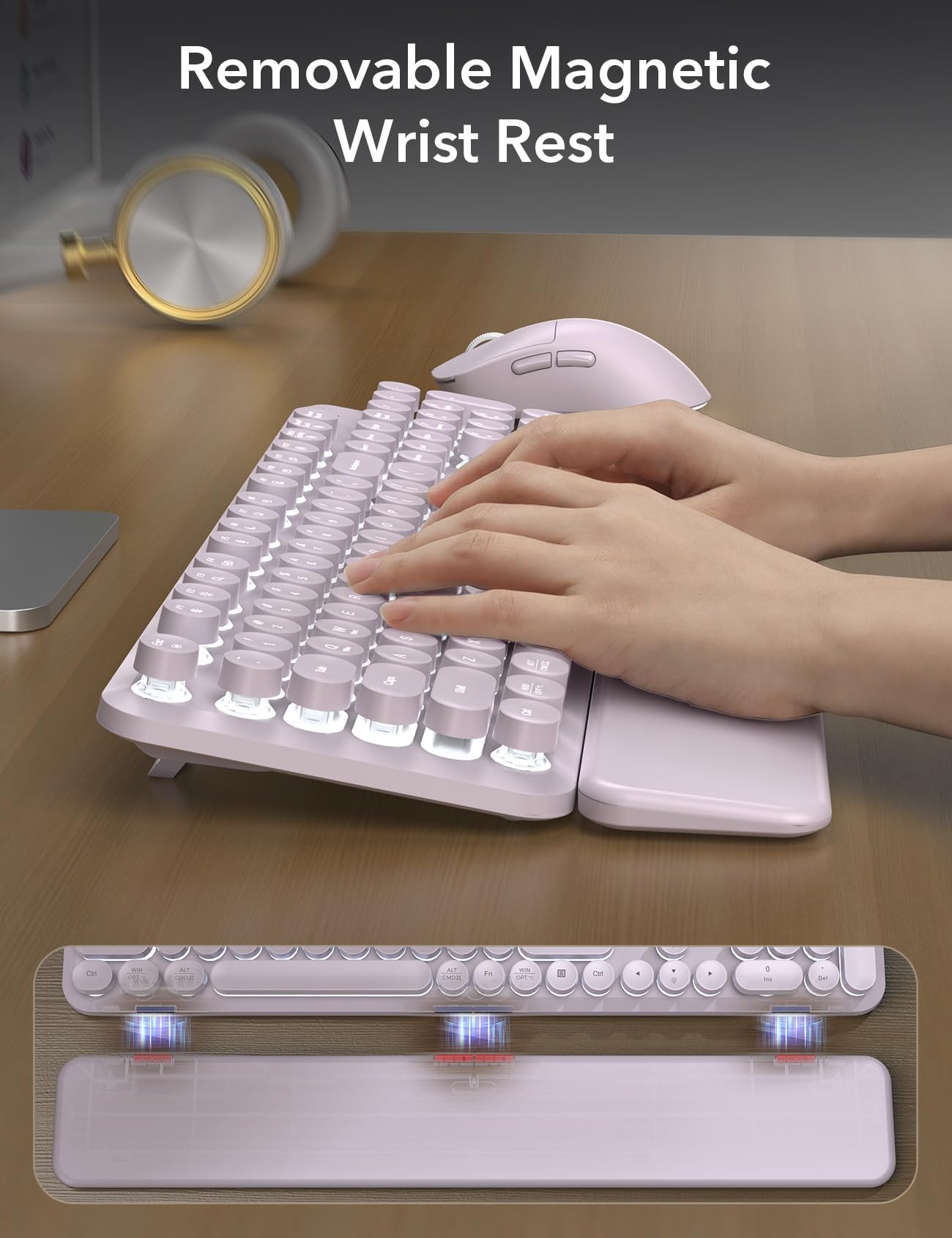 Tastiera e mouse wireless retroilluminati - Macchina da scrivere, poggiapolsi magnetico | Tasti rotondi retrò, lettere illuminate, combo cordless da 2,4 GHz per Mac, Windows, PC, laptop, Trueque CK23Pro [aggiornato]