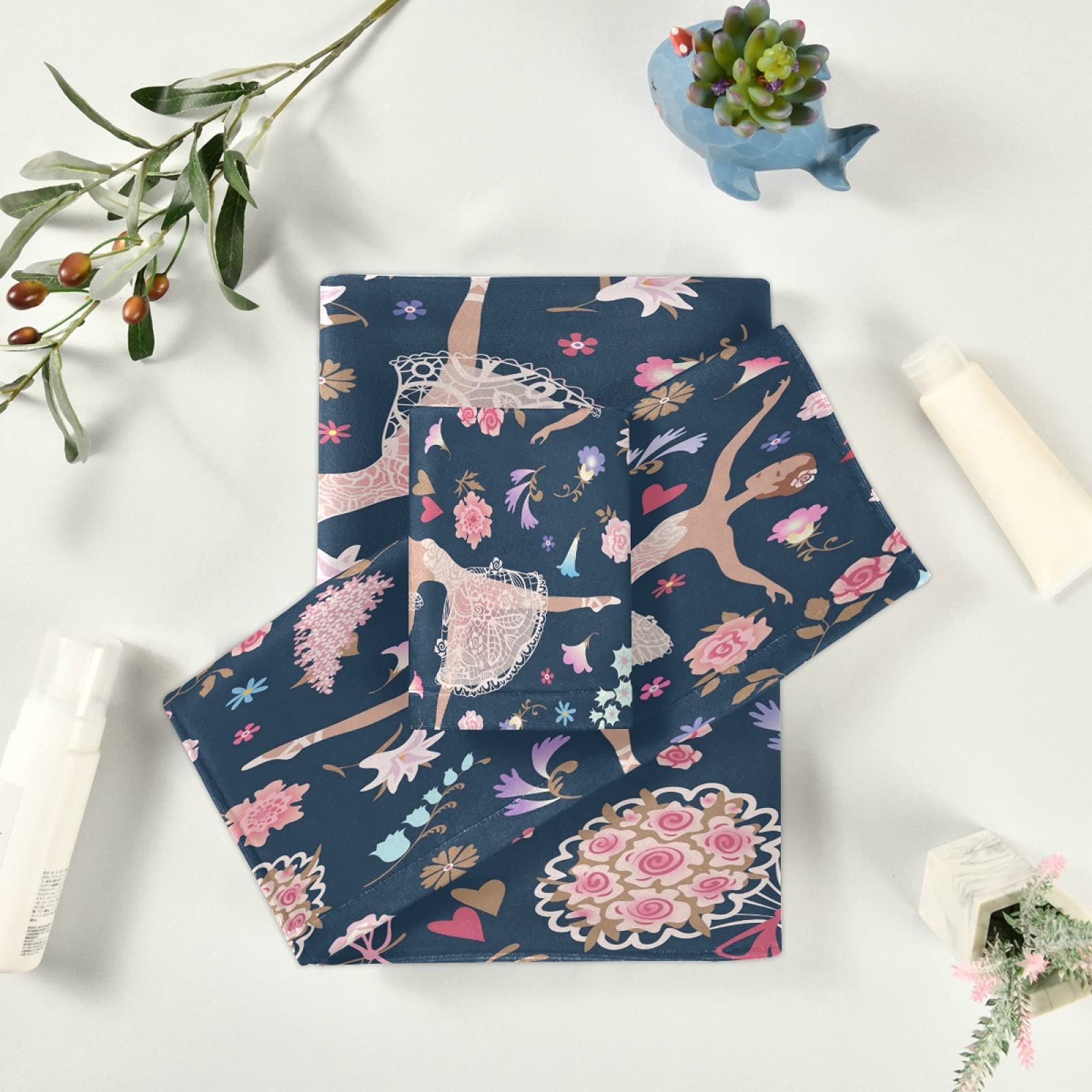 Mnsruu Juego de toallas de baño de 3 piezas con estampado floral de bailarina para baño, spa, hotel, 1 toalla de baño+1 toalla de mano+1 paño