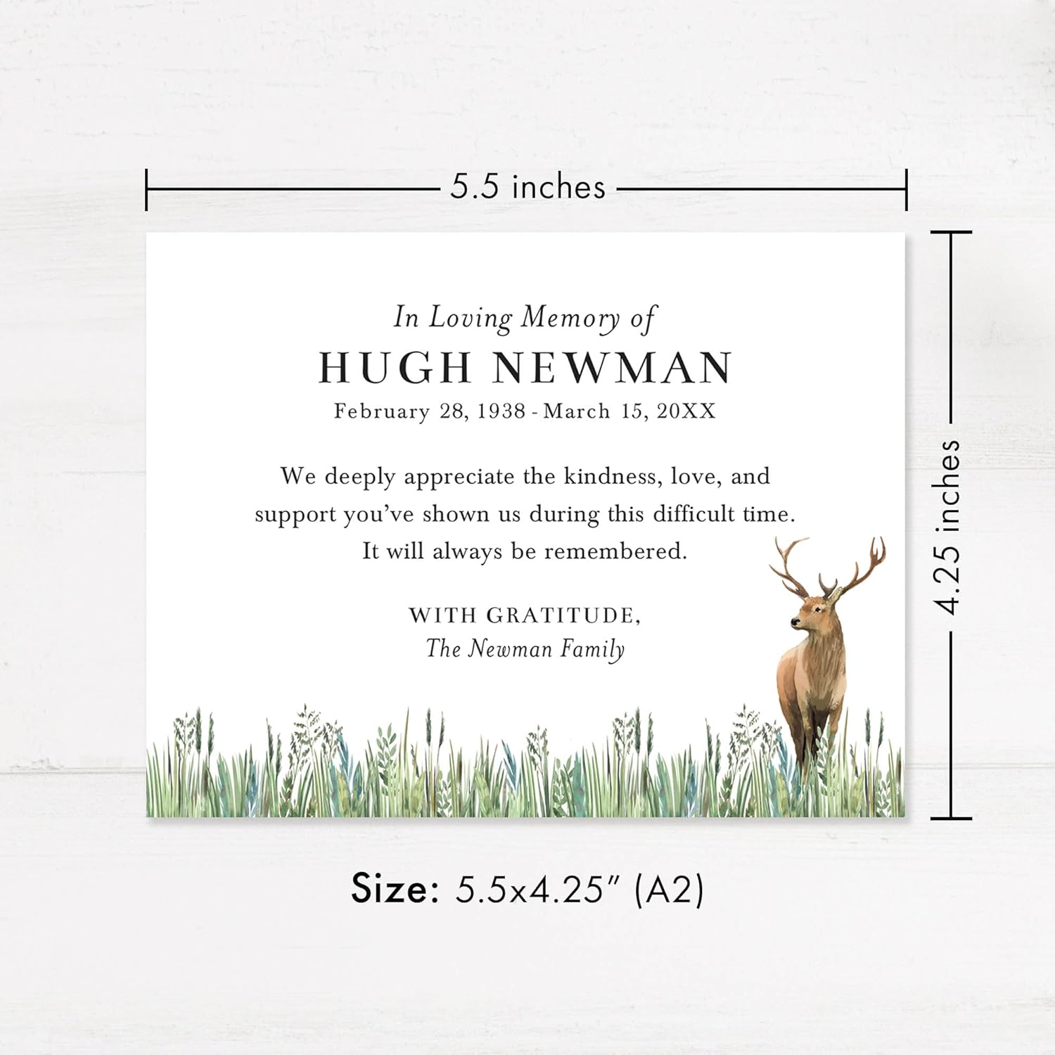 Deer Sympathy Thank You Cards, Field Memorial Funeral Thank You Cards, 5.5x4.25 Personalized Flat Note Cards with Envelopes