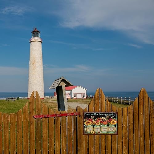 Miniatura 4 de Letrero de metal con diseño de flores divertidas, letrero rústico de metal con texto en inglés "No matter how you feel Never Give up", letrero de