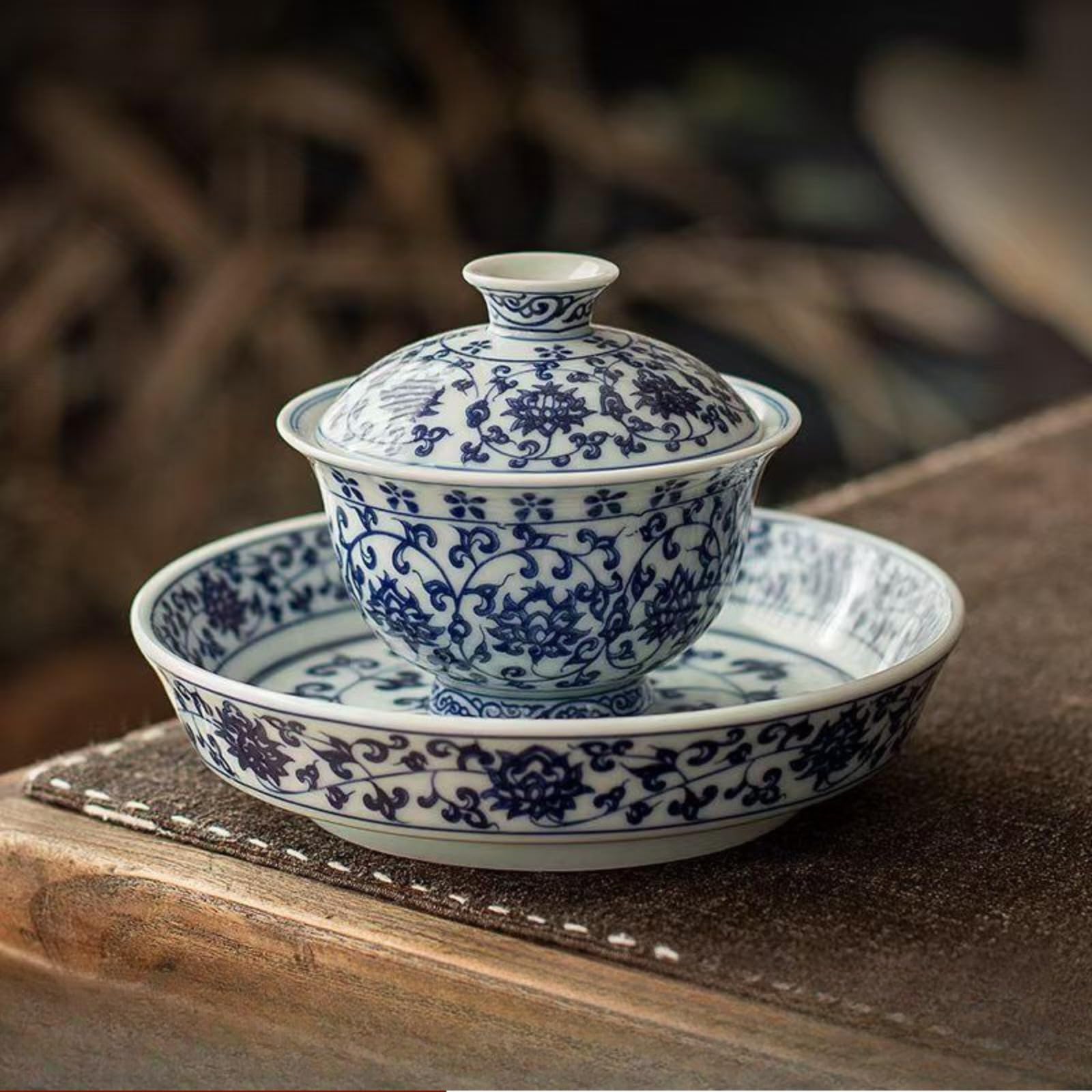 Gaiwan service à thé en porcelaine bleue et blanche style antique céramique