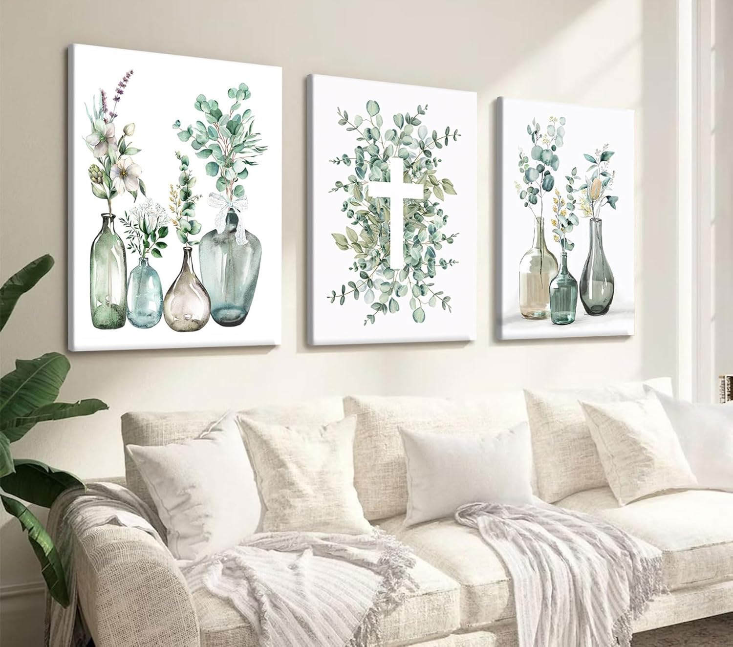 3 Pcs Eucalyptus Plant Wall Art Green Glass Bottle Eucalyptus Flowers Sage Flowers Canvas Kitchen Dining Room Living Room Print Pictures Farmhouse Christian Posters Artwork 12X16 Inch Framed