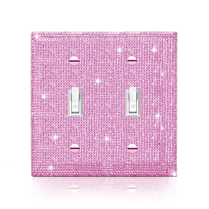 Image of Shiny Pink Rhinestones Wall Plate Cover Double Toggle Light Switch Cover Pink Rhinestones Outlet Covers Wall Plate 2 Gang Decorative