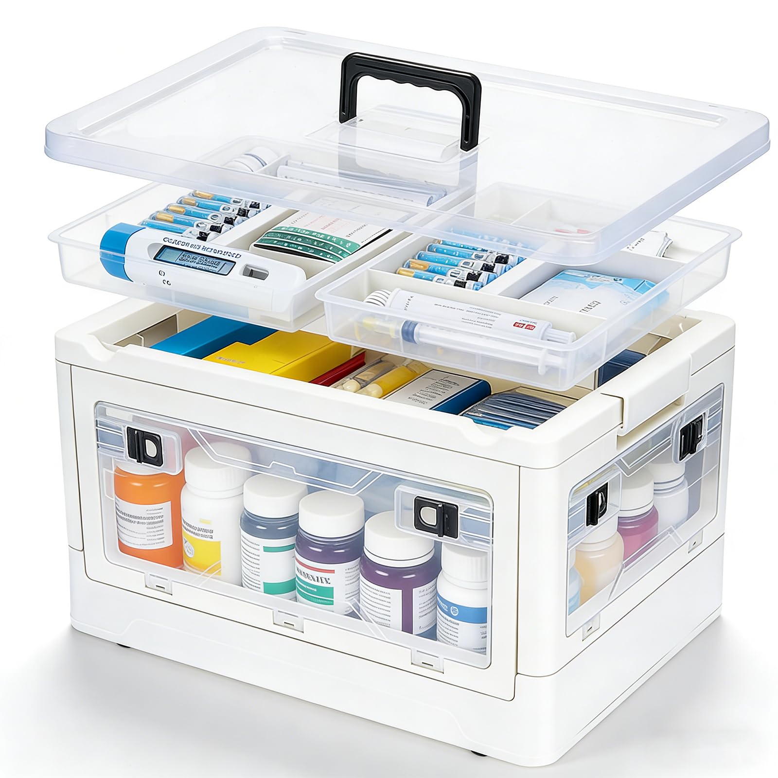 Yolispa Medicine Storage Box, Extra Large First Aid Box with 2 Removable Trays and Wheels, Clear Multipurpose Medication Organizer for Home, School, Office, Travel