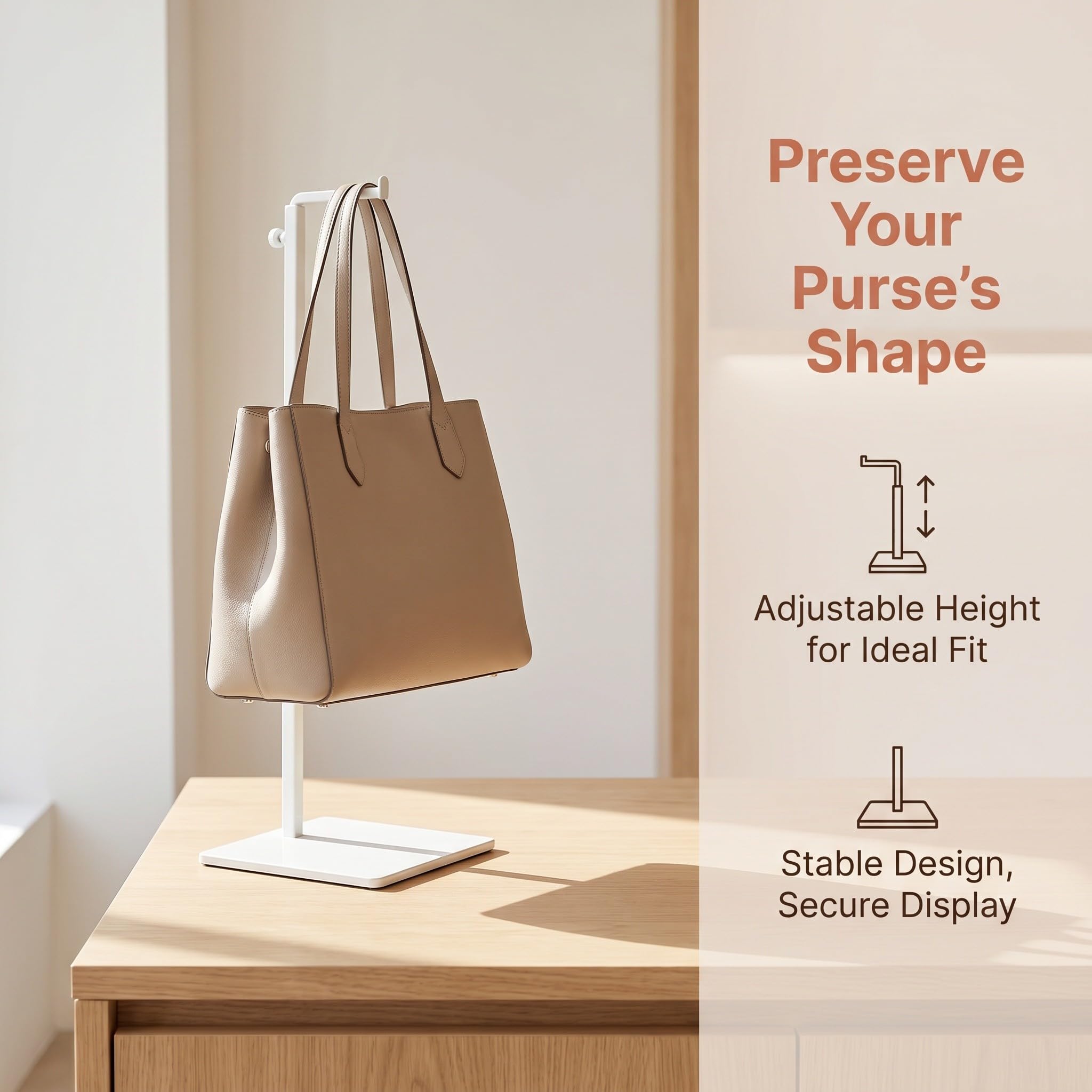 Zerodeko 3 organizadores de mesa ajustables para bolsos, soporte metálico colgante para guardar bolsos, carteras y maletines, estante de exhibición para tiendas de artículos de boutique.