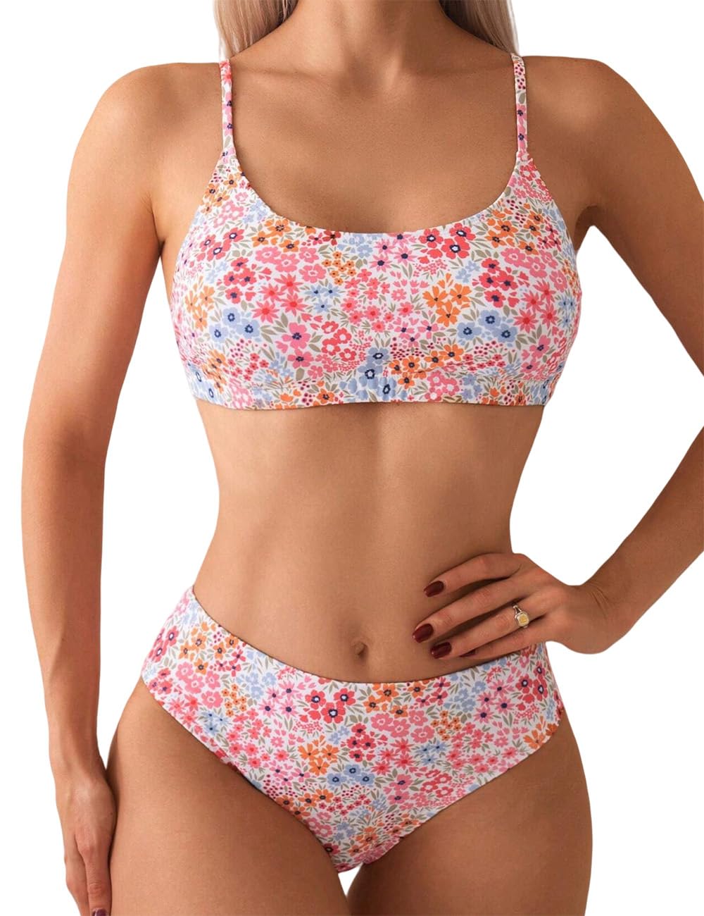 yimisan Women's Two Piece Swimsuit Floral Print Bikini Sets Spaghetti Straps Scoop Neck Mid Waist Cheeky Bathing Suit-picture-16