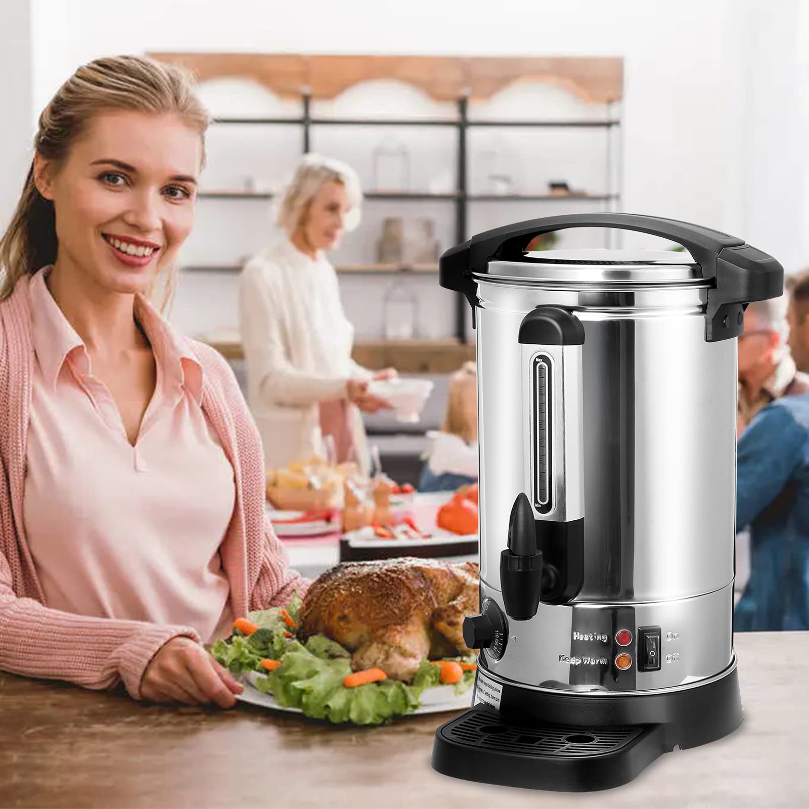 Randaco Bouilloire à vin chaud en acier inoxydable, avec bac récupérateur, robinet, régulateur de température de 30 à 110 °C, distributeur automatique