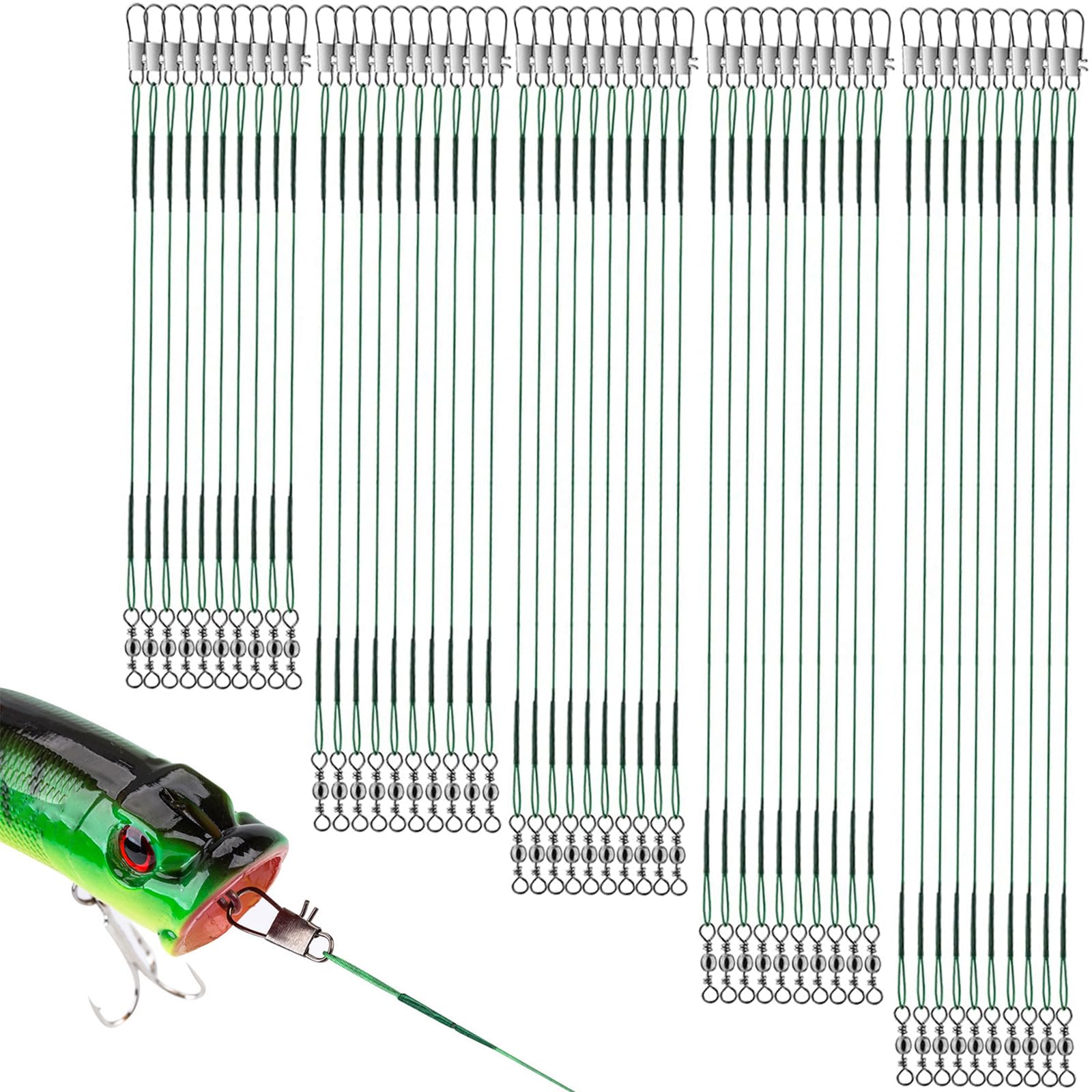 Aililong Juego de lucios líderes Acero 50 Piezas, con giratorios y broches - Anzuelo Pesca líder, Duradero Resistente a la corrosión para lucios, pargos Pesca en Agua Dulce Salada
