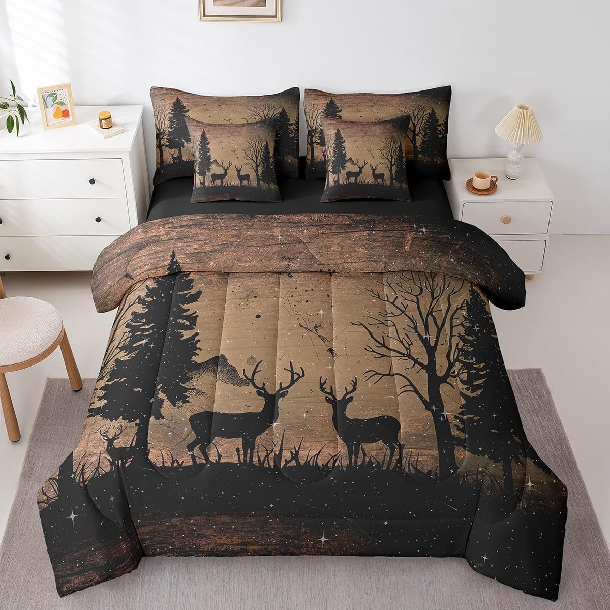 Feelyou Hunting Deer Bed in A Bag Queen, Deer 7 Pieces Bedding Set for Boys Girls Black Deer Comforter Set with Sheets Cute Dear Bed Set 7Pcs