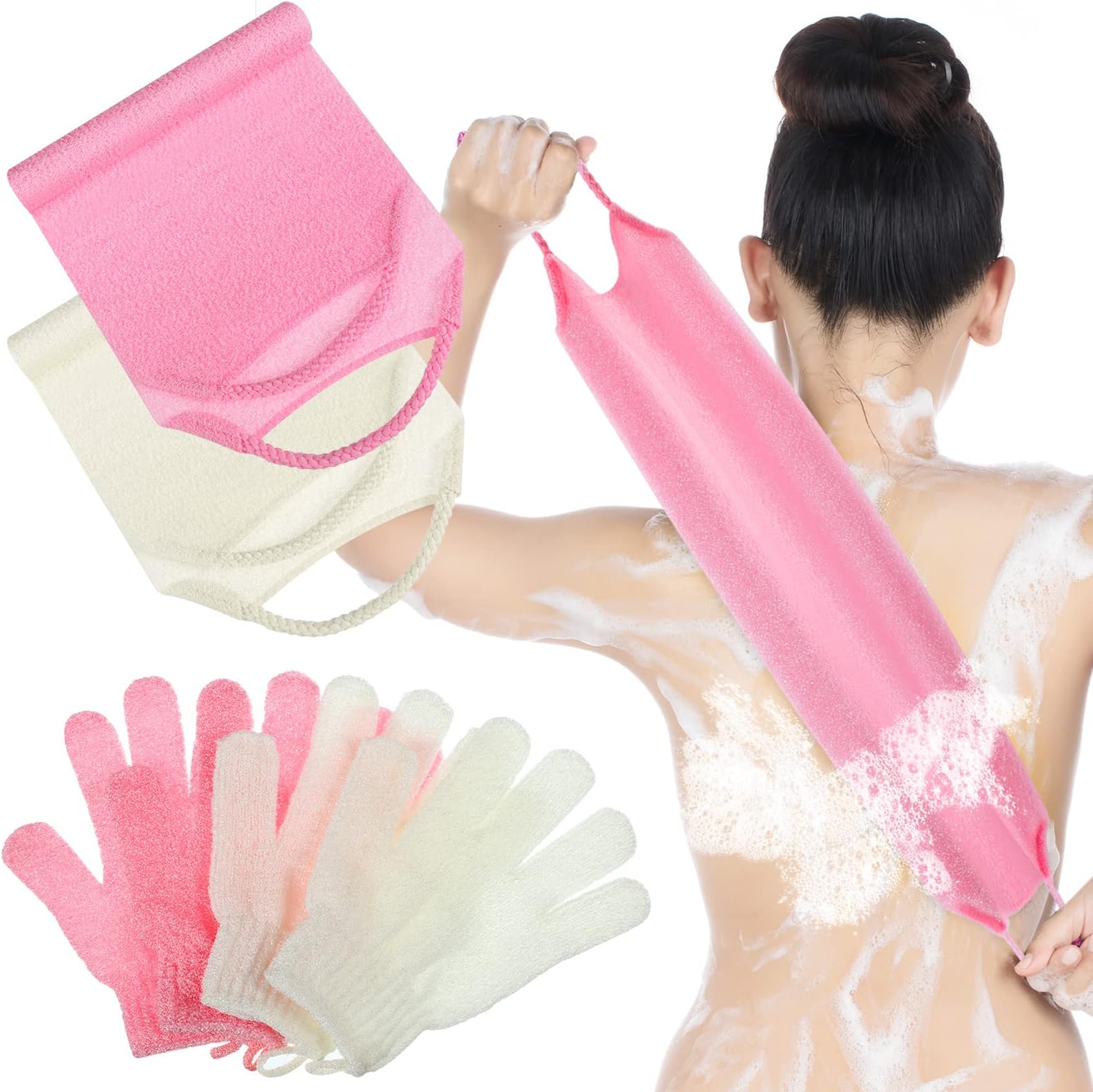 Breling4 Pack Exfoliating Back Scrubber Body Shower Bath Set, 2 Exfoliating Body Scrubber Nylon Back Washer, 2 Pairs Scrub Gloves for Skin Pull Strap Washcloth(Pink, Beige)