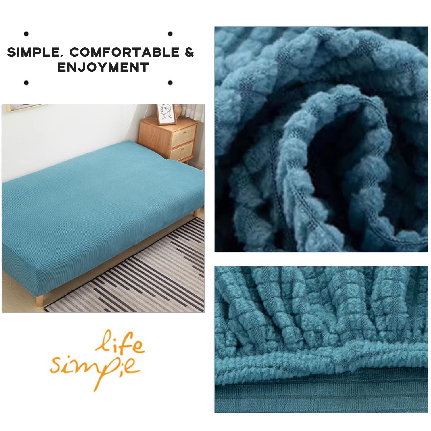 Funda de sofá elástica universal impermeable de 3 plazas, diseño sin reposabrazos, protección antimanchas, duradera y elegante, color azul, ideal para decoración del hogar