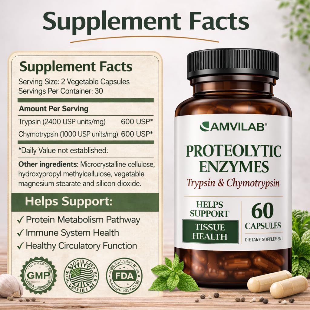 Proteolytic Enzymes | Trypsin & Chymotrypsin – Advanced Digestive Enzyme Supplement for Woman&Men - Digestive Enzymes for Protein Breakdown, Immune & Circulatory Health - 60 Capsules