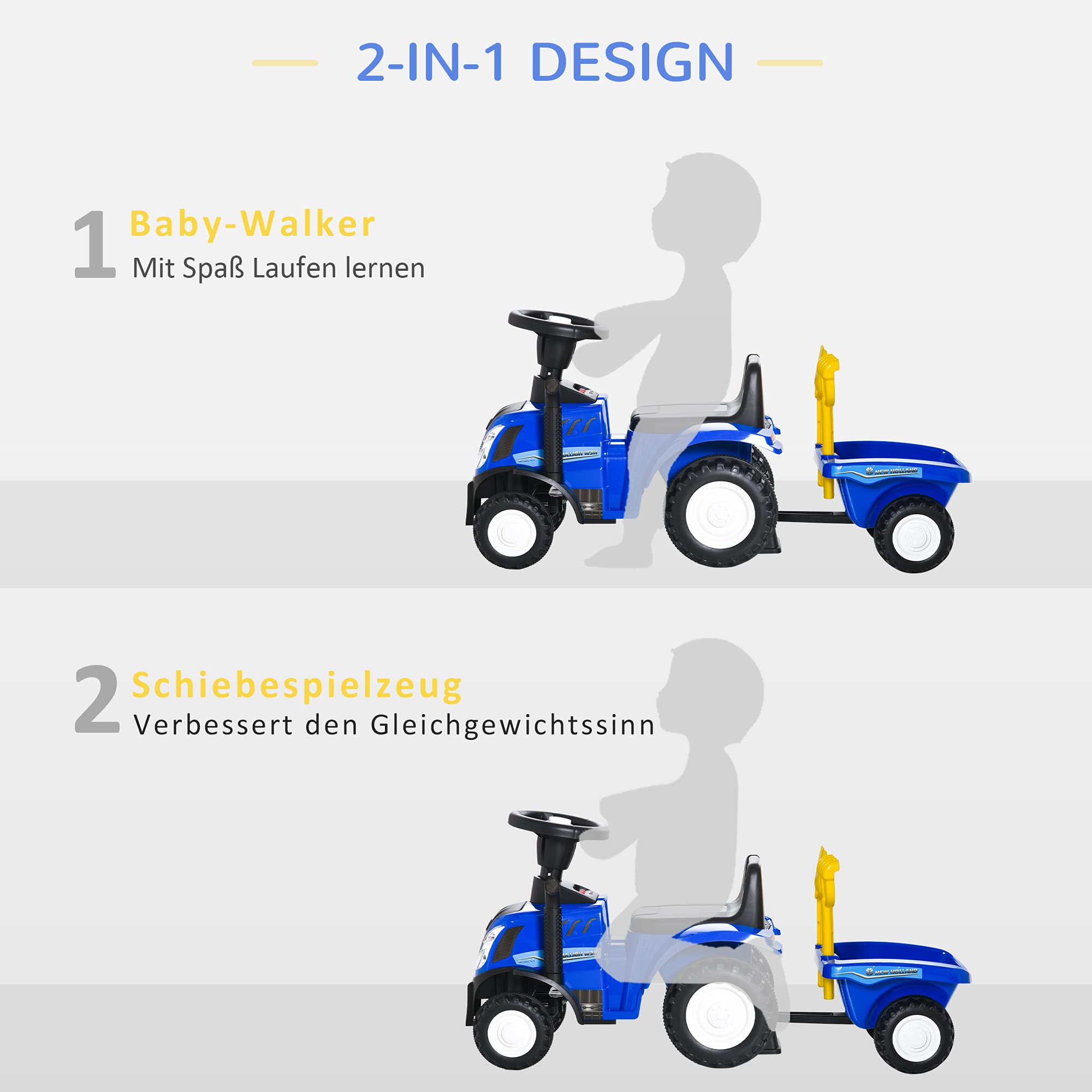 HOMCOM dzieci jeździk NEW HOLLAND pchacz auto dziecięce pojazd dziecięcy klasyczny samochód chodzik z klaksonem tworzywo sztuczne metal niebieski 91 x 29 x 44 cm