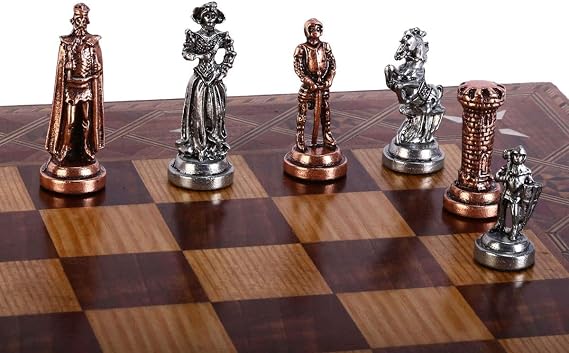 GiftHome Orta Boy Metal İngiliz Satranç Takımı Antik ve El Yapımı Masif Ahşap Sandıklı Satranç Tahtası