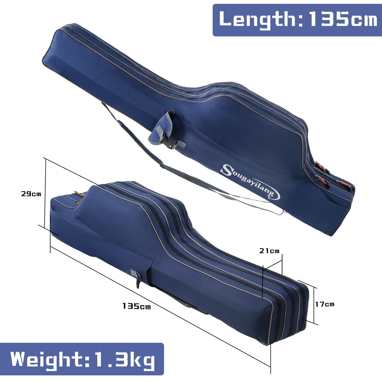 Sougayilang Fishing Rod Bag- 3-Layer Portable Folding Pole Bag for Large Capacity Fishing Rods Tackle Storage - 135cm-Blue - Image 2