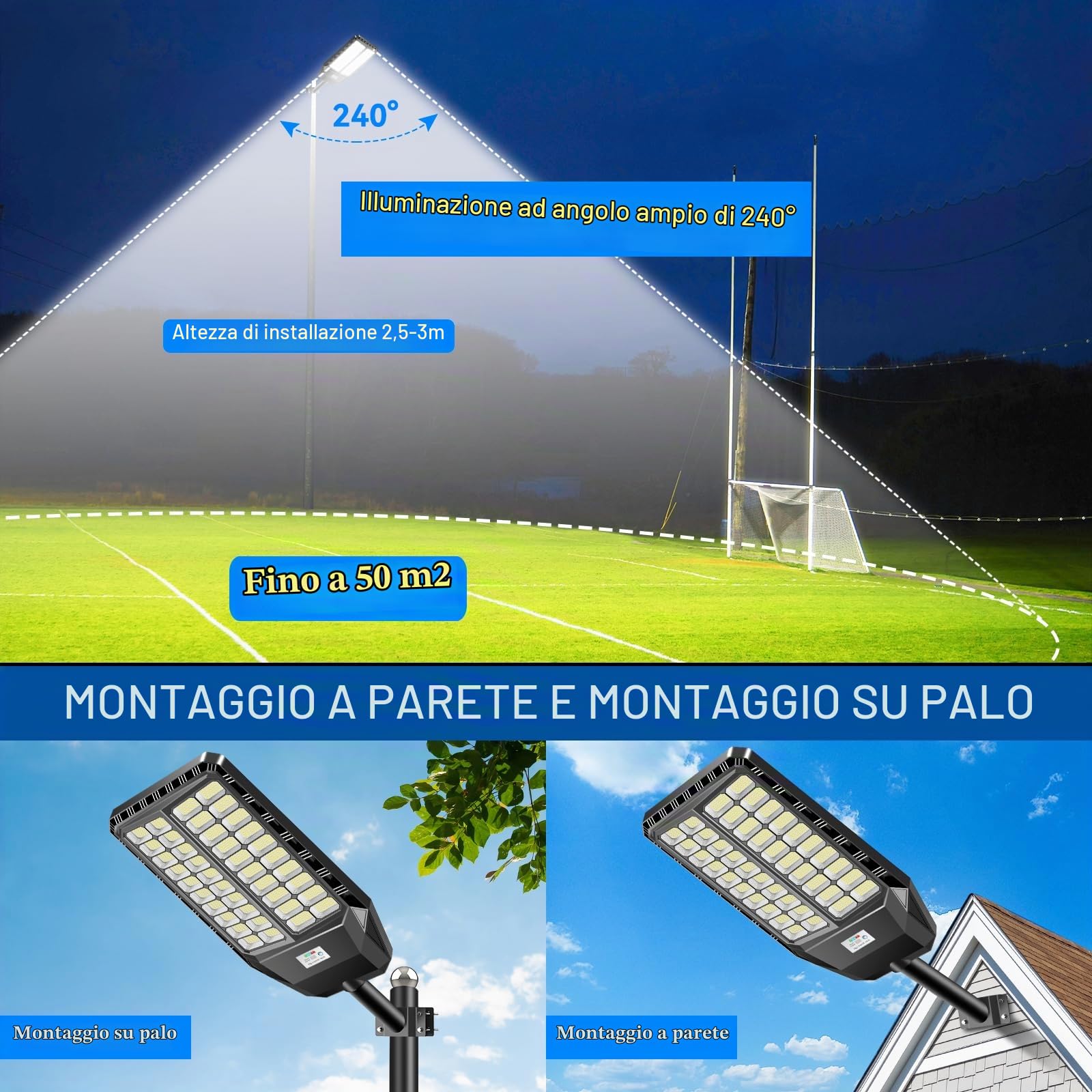 Adewalk 2600W Lampione Solare Led Esterno con Telecomando, IP66 Impermeabile Lampada Stradale Solare con Sensore di Movimento, 6500K Super Bright Lampioni da Giardino Esterno Solari per Garage Strada