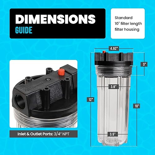 Miniatura 3 de Sistema de Filtro de Agua para Sumersión en Frío, Carcasa de 25cm con Puertos NPT de 34", 2× Filtros Plisados de 50 Micras, Kit de Montaje y Llave,