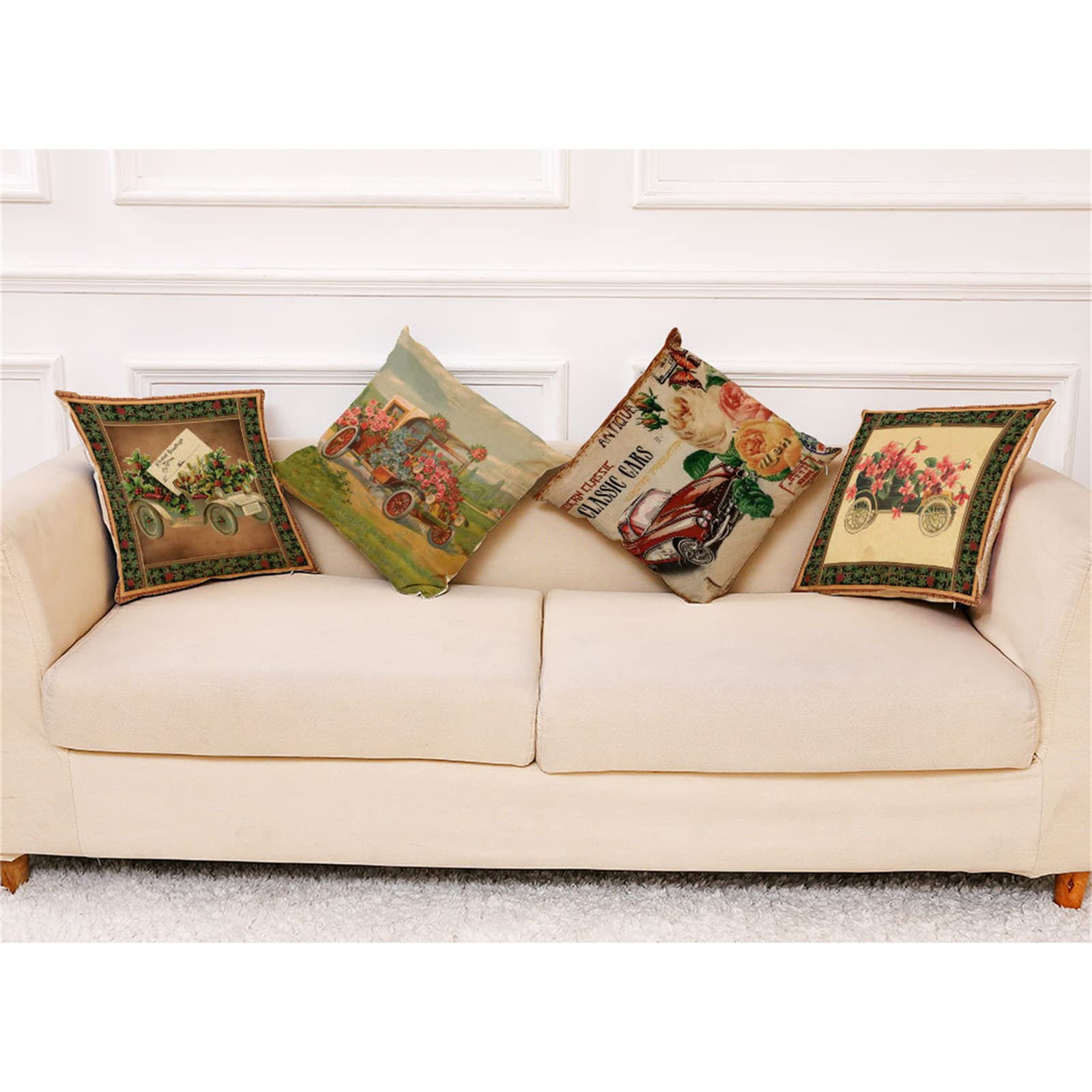4 sztuki dekoracyjnych poszewek na poduszki, 55 x 55 cm, nowoczesna dwustronna poszewka na poduszkę do ogrodu na zewnątrz patio ławka salon sofa dekoracja domu poszewka retro samochód kwiat 56 x 55 cm