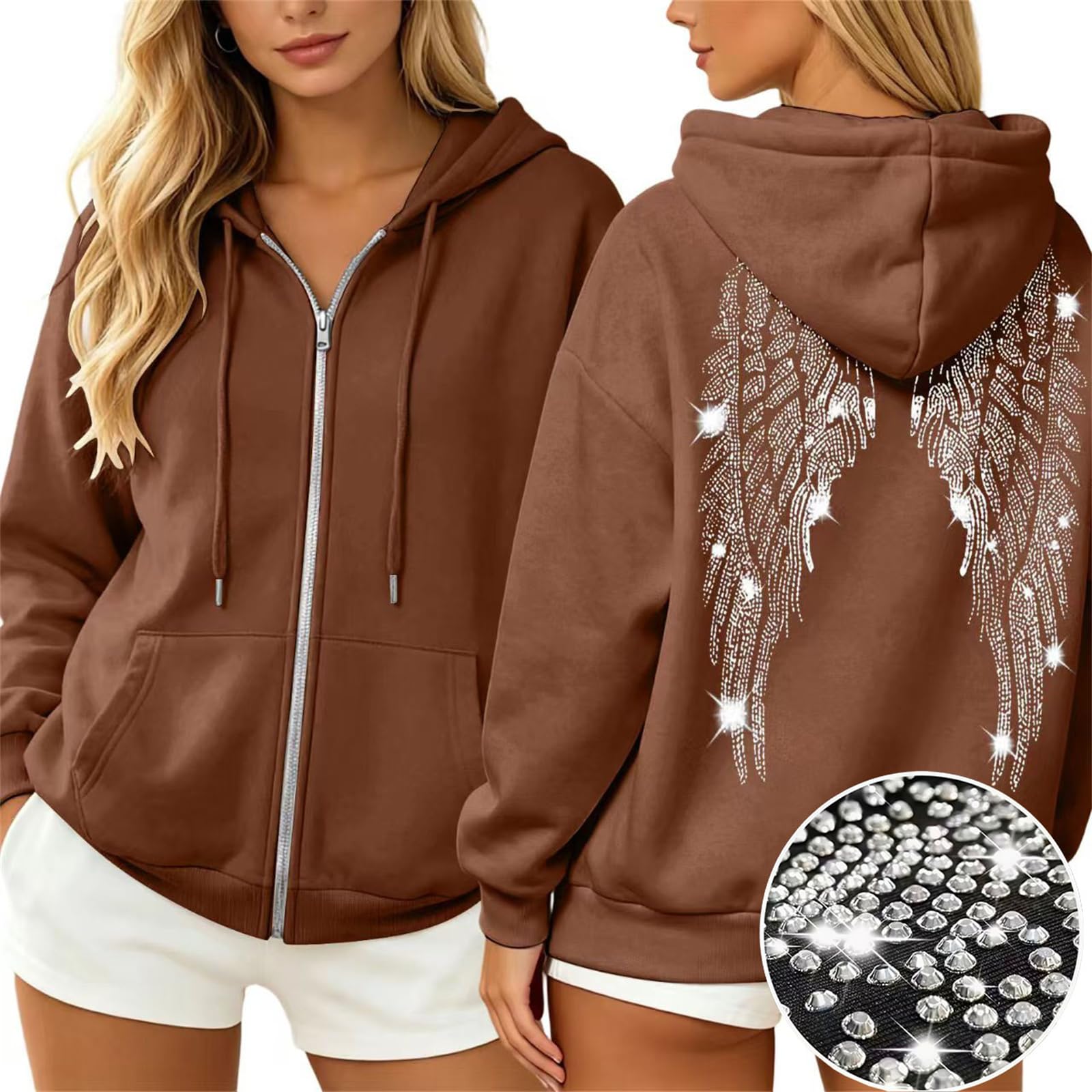 Hoodie Damen Reißverschluss Oversized Strass Flügel Motiv Taschen