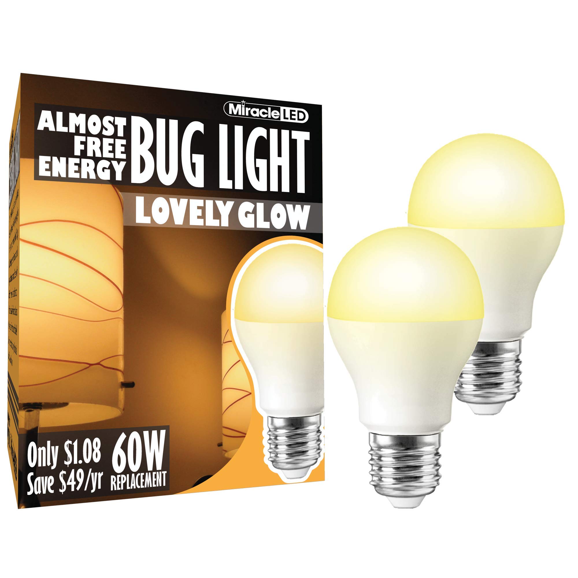 Miracle LED 9W Almost Free Energy LED Lovely Glow Bug Light - Yellow Spectrum E26 A19 Medium Outdoor Bug Bulb- Replaces 60W Old Painted Incandescent Bug Bulbs Amber Glow (2-Pack), (609010)