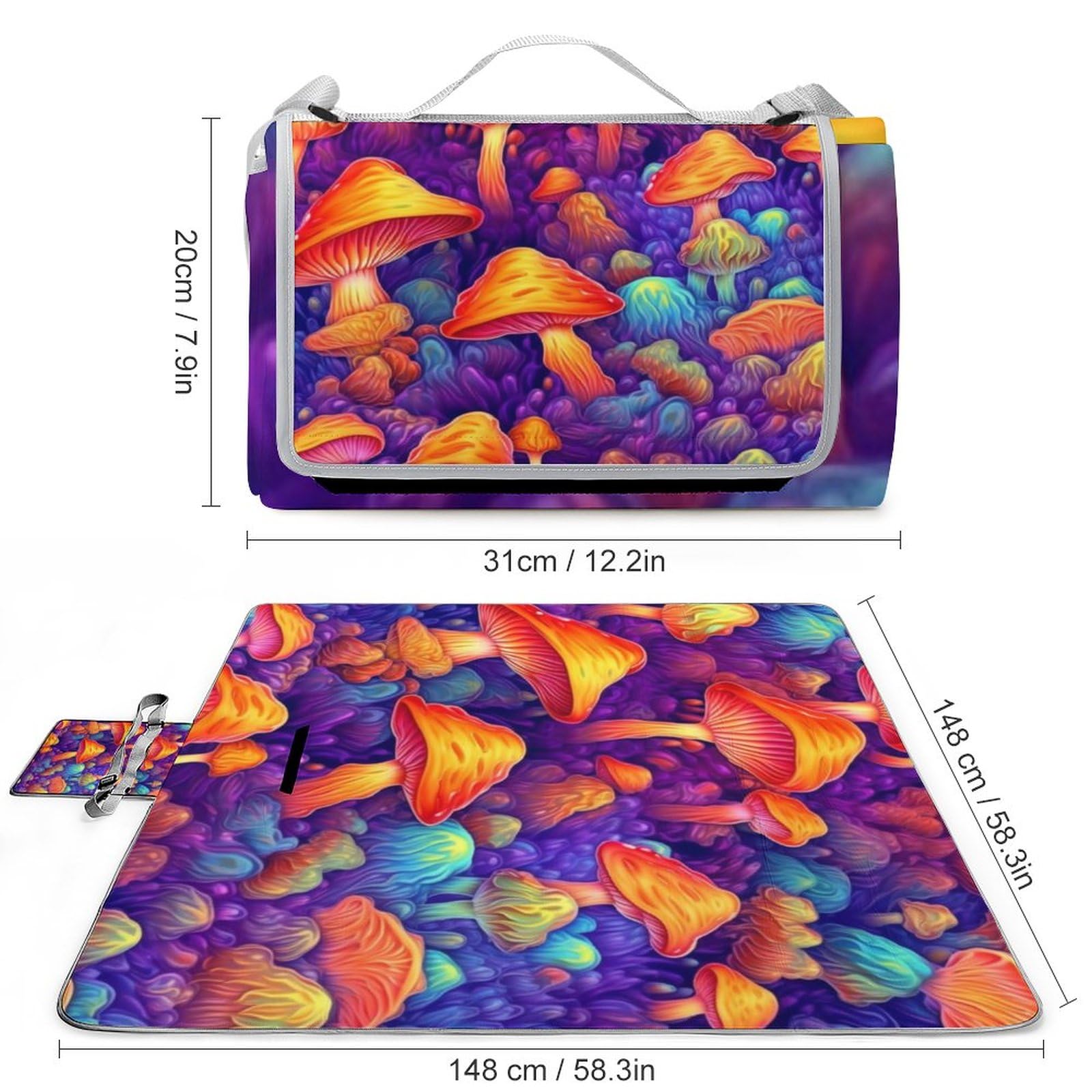 Colorful-Mushrooms-Purple Picnic Blanket Waterproof Foldable, Large Outdoor Picnic Blanket Beach Blankets Camping Blanket Travel Mat, Shoulder Strap Tote, Rectangle 58x58in