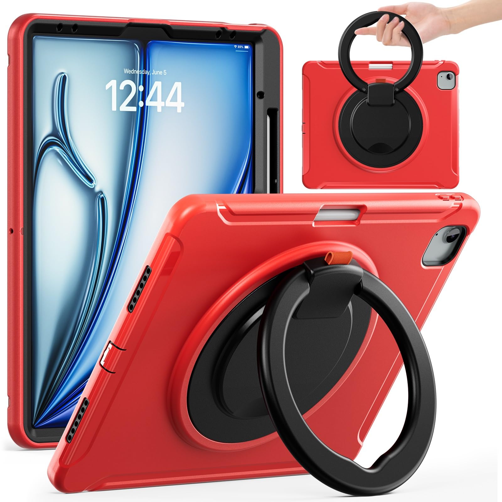 Custodia protettiva per tablet robusta per iPad Air 13 pollici, custodia protettiva robusta ibrida con impugnatura, supporto girevole (rosso)