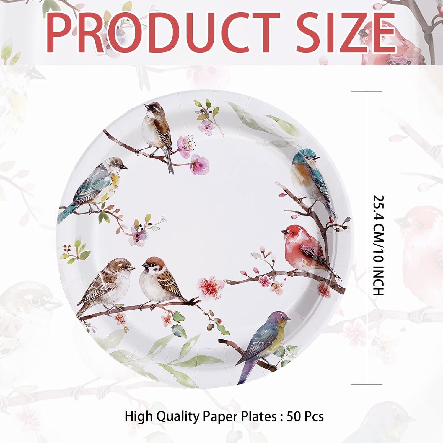 50Pcs Bird Paper Plates 10" Large Heavy Duty Disposable Vintage Bird Floral Plates Woodland Animal Decorations for Birthday Wedding Baby Shower Spring Holiday Party Supplies