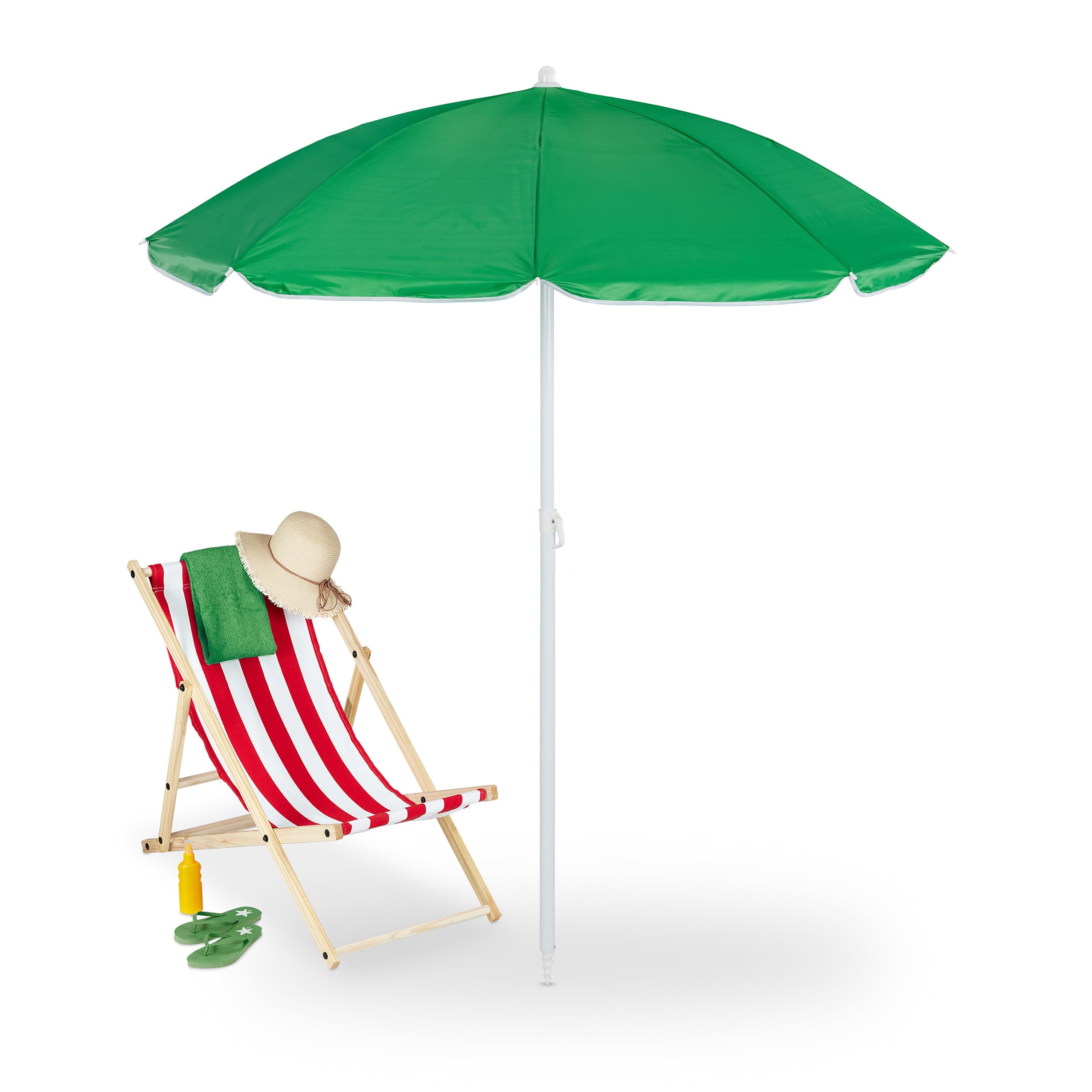 Relaxdays Verde 160cm Sombrilla Playa, 160 cm Ø, Altura Regulable, Inclinable, Protección UV, Parasol con Bolsa, Balcón, Acero