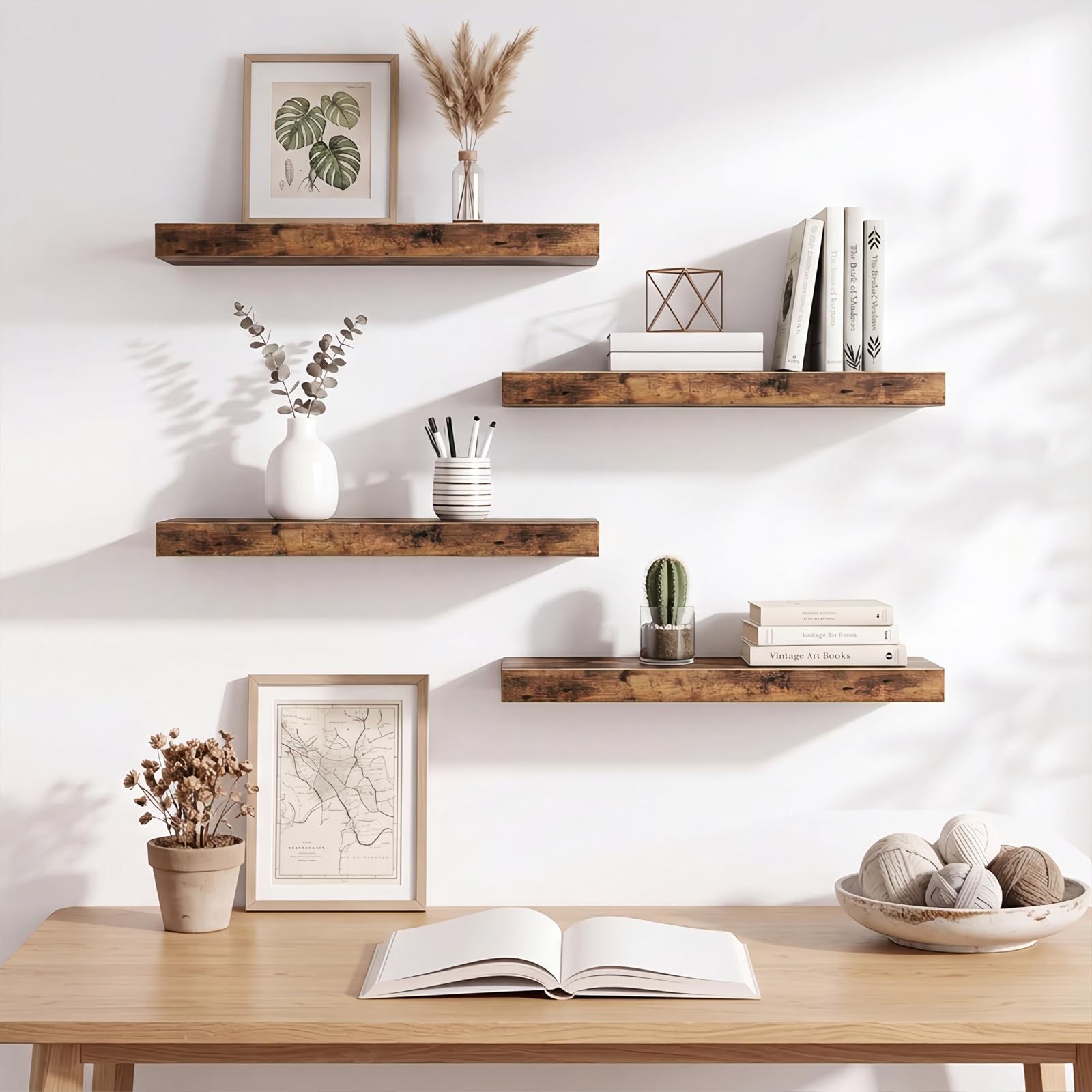 Fixwal Estantes flotantes de 15.8 pulgadas, juego de 4 estantes de pared con acabado de madera rústica para decoración de pared, con soportes invisibles para baño, sala de estar, dormitorio y cocina