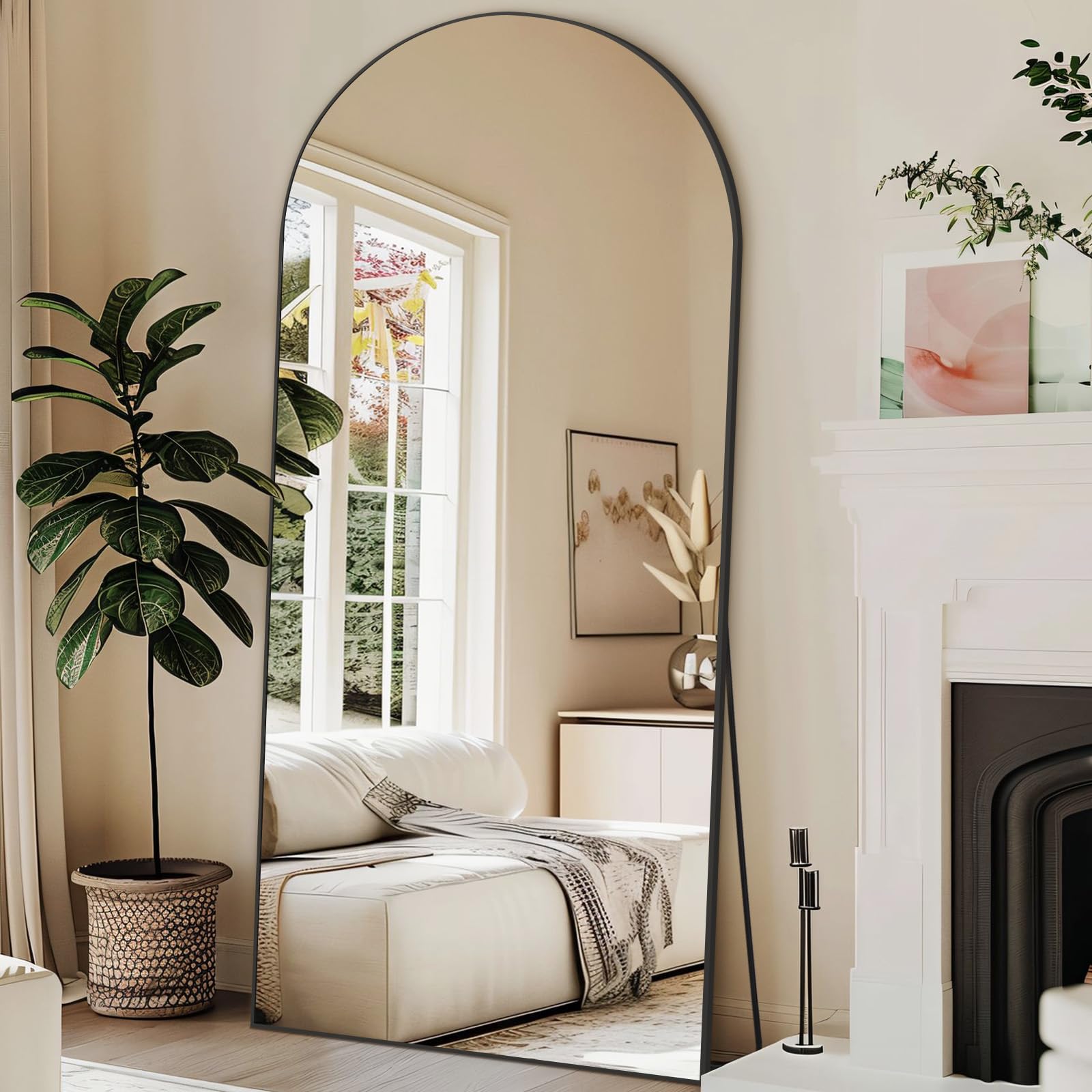 arched mirror full length, 71"x32" large floor mirror free standing, black full body mirror for bedroom living room gym, shatterproof tempered glass