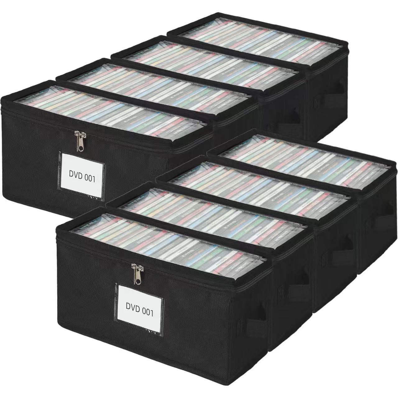 Confezione da 8 contenitori per DVD in tessuto resistente con coperchio in PVC trasparente, contiene 25 custodie standard per DVD, robusto tessuto non tessuto con supporto in cartone per